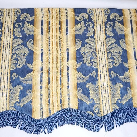 Vtg Baroque Leaf Stripe Valance Blue Camel Brown Scalloped Edge Fringe 50 inch - Picture 1 of 2